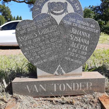 TONDER Andries Godliep, van 1926-1983 &amp; Johanna Susanna Aletta 1931-2018