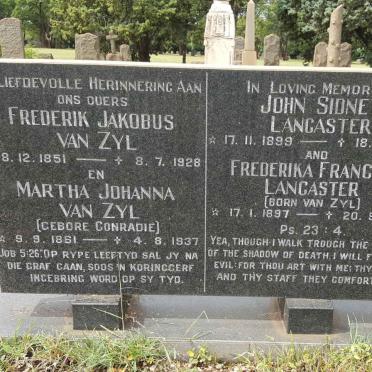 ZYL Frederik Jakobus, van 1851-1928 &amp; Martha Johanna CONRADIE 1861-1937 :: LANCASTER John Sidney 1899-1967 & Frederika Francina VAN ZYL 1897-1979