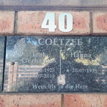 COETZEE Izak Gerhardus 1925-2018 &amp; Hanna 1935-