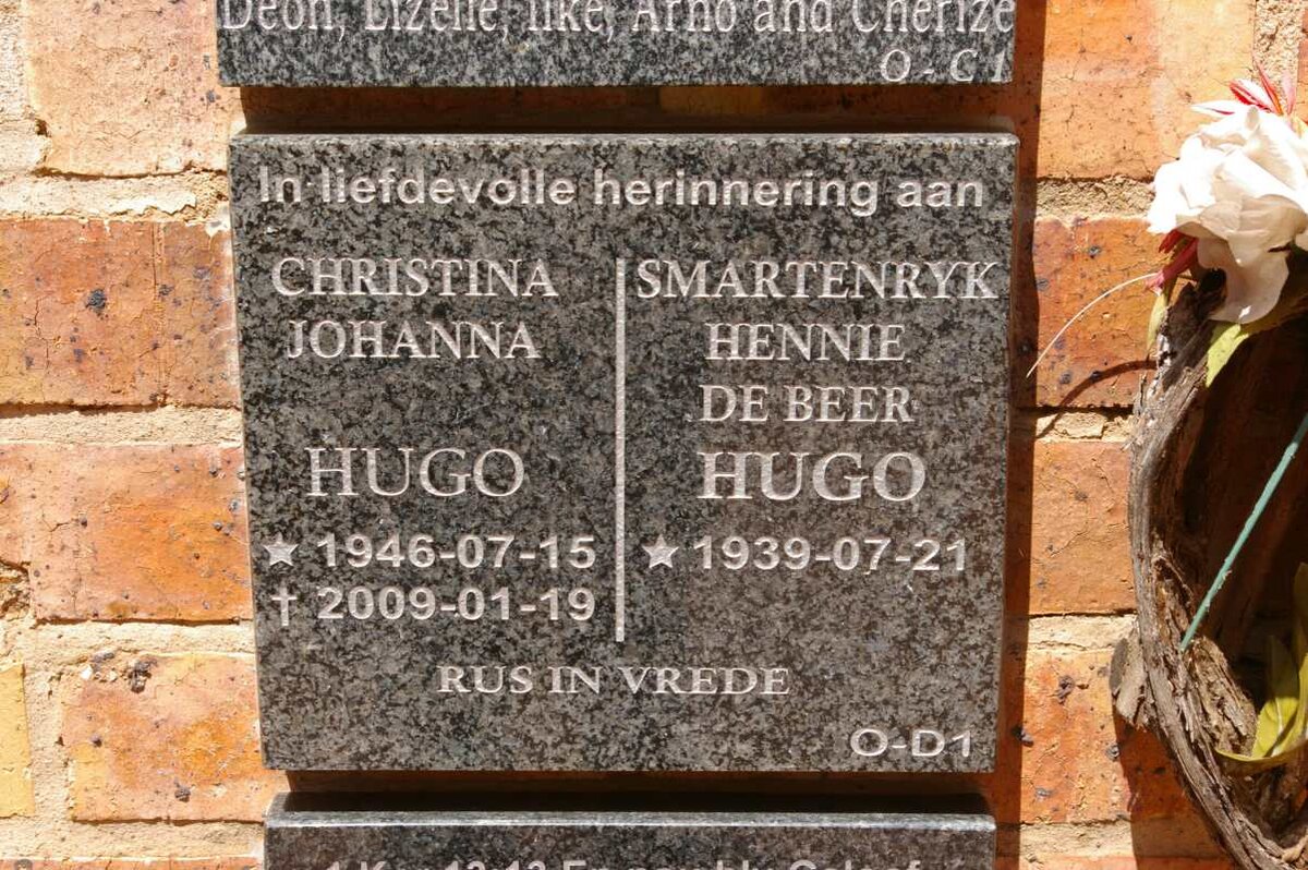 HUGO Smartenryk Hennie de Beer 1939- &amp; Christina Johanna 1946-2009