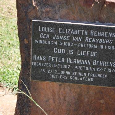 BEHRENS Hans Peter Hermann 1907-1974 &amp; Louise Elizabeth JANSE VAN RENSBURG 1903-1994