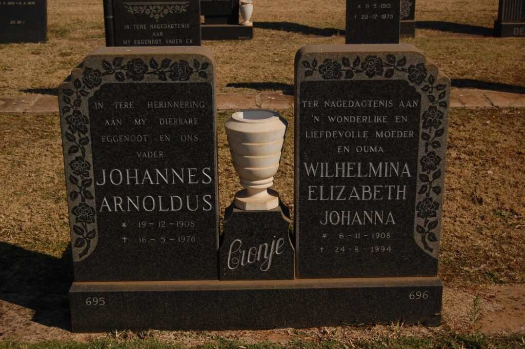 CRONJE Johannes Arnoldus 1908-1976 &amp; Wilhelmina Elizabeth Johanna 1908-1994