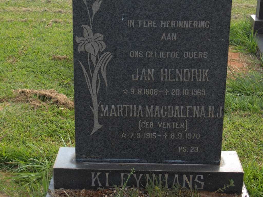 KLEYNHANS Jan Hendrik 1908-1969 &amp; Martha Magdalena H.J. VENTER 1915-1970
