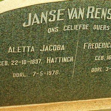 RENSBURG Frederick Johannes, Janse van  1891-1977 &amp; Aletta Jacoba HATTINGH 1897-1978