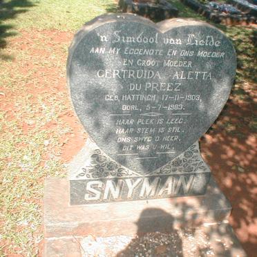 SNYMAN Gertruida Aletta du Preez geb. HATTINGH 1903-1983