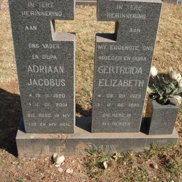 ROUX Adriaan Jacobus, le 1920-2001 &amp; Gertruida Elizabeth 1929-1993
