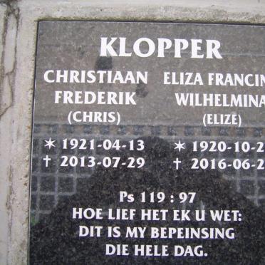 KLOPPER Christiaan Frederik 1921-1913 &amp; Eliza Francina Wilhelmina 1920-2016