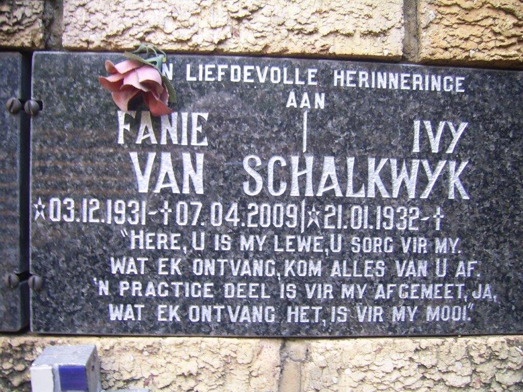 SCHALKWYK Fanie, van 1931-2009 &amp; Ivy 1932-