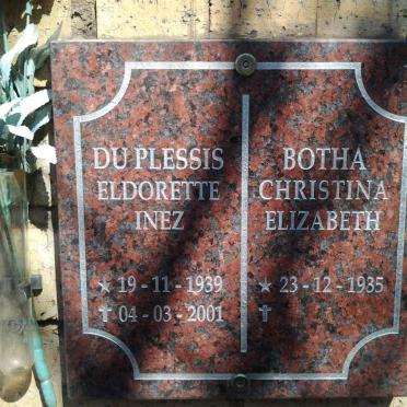 PLESSIS Eldorette Inez, du 1939-2001 :: BOTHA Christina Elizabeth 1935-