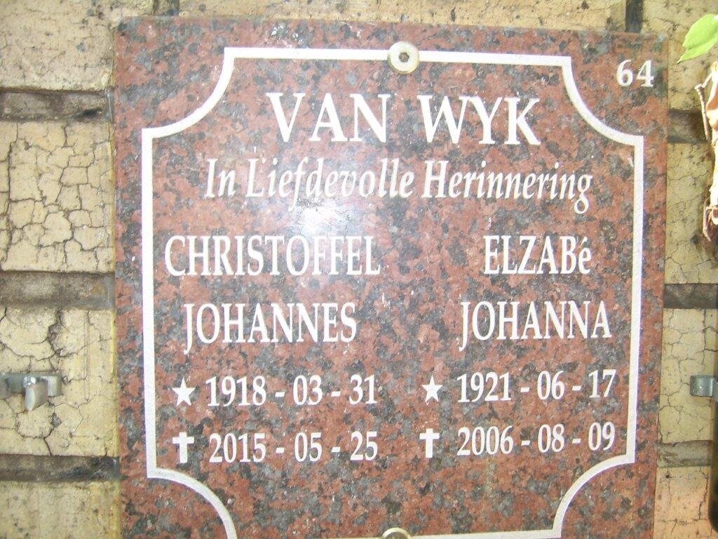 WYK Christoffel Johannes, van 1918-2015 &amp; Elzabe Johanna 1921-2006