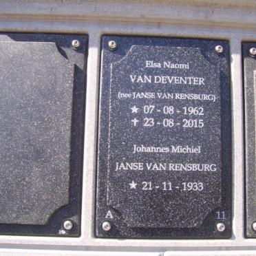 RENSBURG Johannes Michiel, Janse van 1933- :: VAN DEVENTER Elsa Naomi nee JANSE VAN RENSBURG 1962-2015