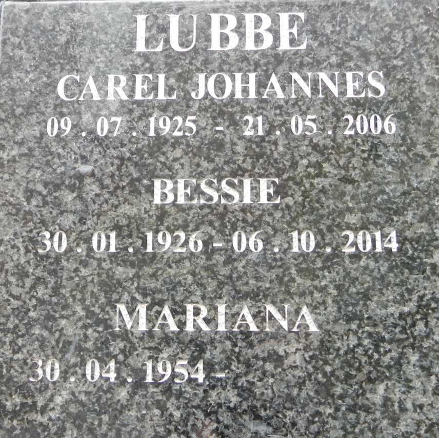 LUBBE Carel Johannes 1925-2006 &amp; Bessie 1926-2014 :: LUBBE Mariana 1954-