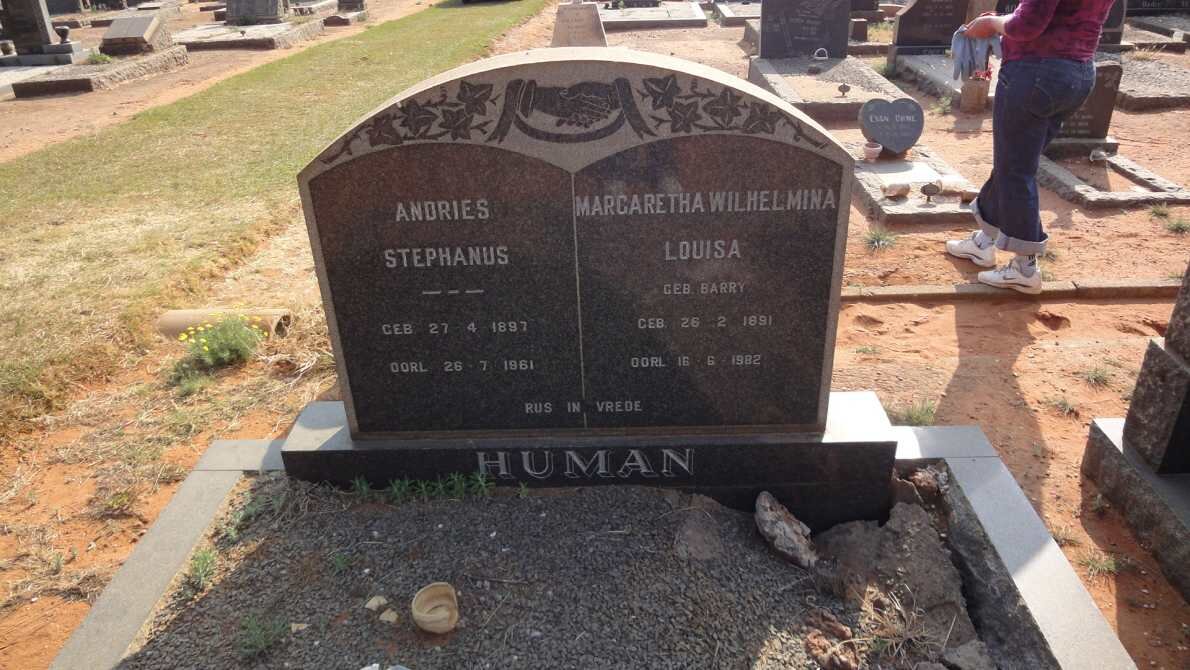 HUMAN Andries Stephanus 1897-1961 &amp; Margaretha Wilhelmina Louisa BARRY 1891-1982