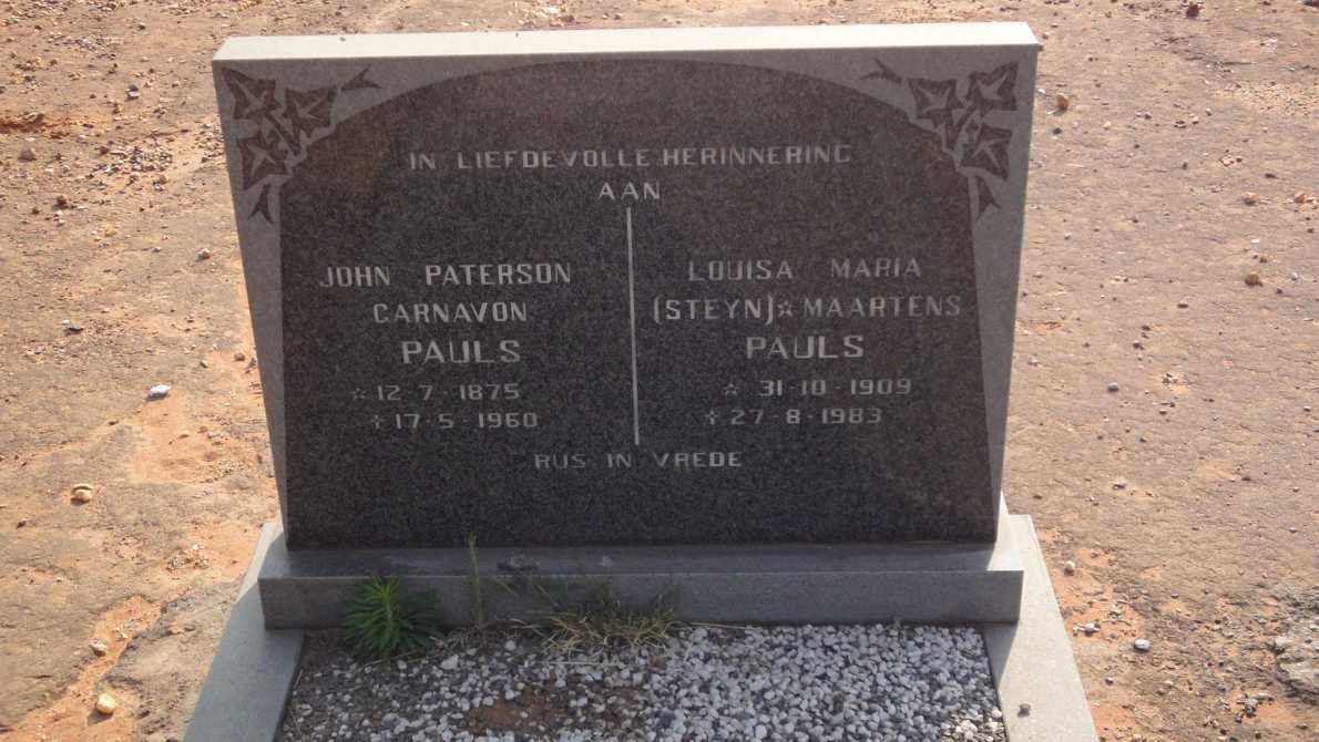 PAULS John Paterson Carnavon 1875-1960 &amp; Louisa Maria formerly STEYN nee MAARTENS 1909-1983