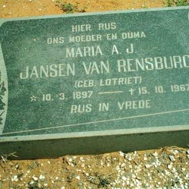 RENSBURG Maria A.J., Jansen van nee LOTRIET 1897-1967