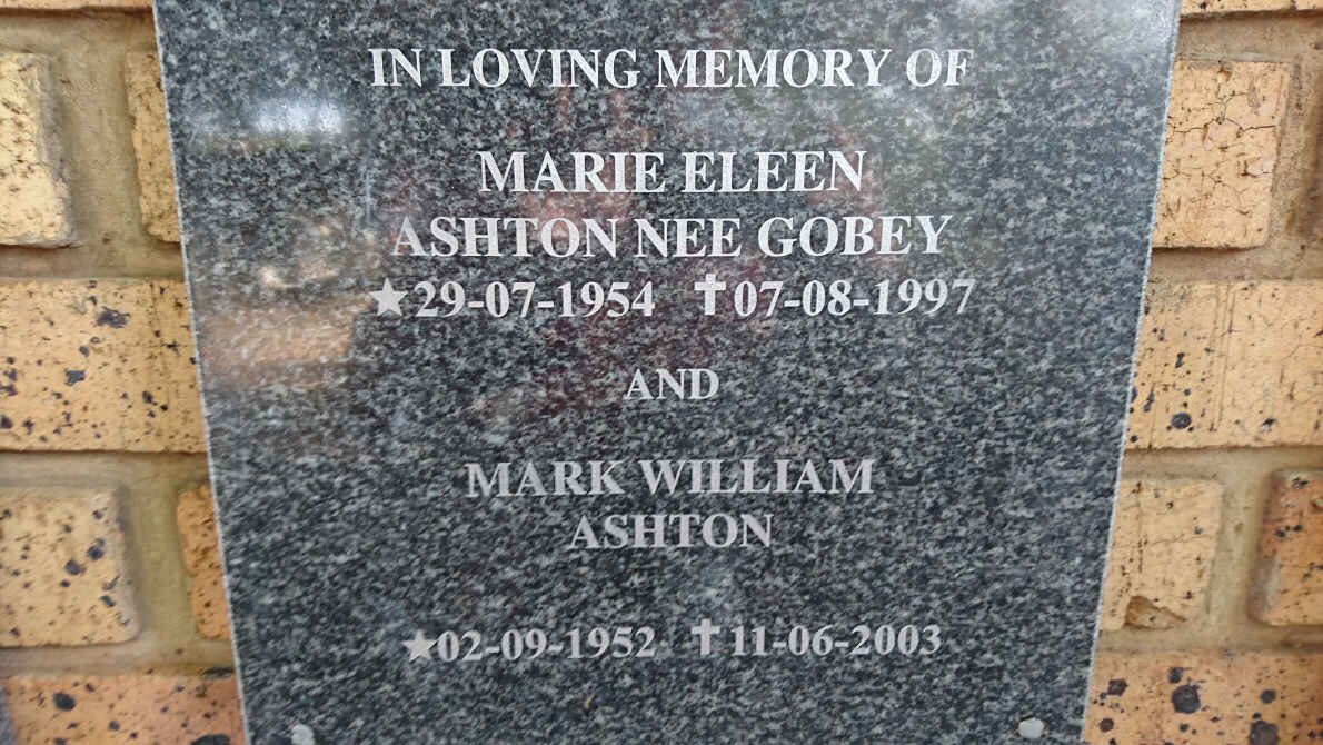 ASHTON Mark William 1952-2003 &amp; Marie Eleen GOBEY 1954-1997