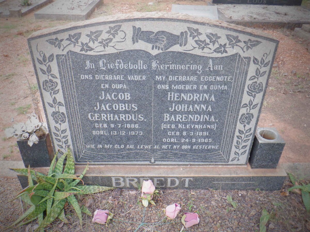 BREEDT Jacob Jacobus Gerhardus 1886-1973 &amp; Hendrina Johanna Barendina KLEYNHANS 1891-1965