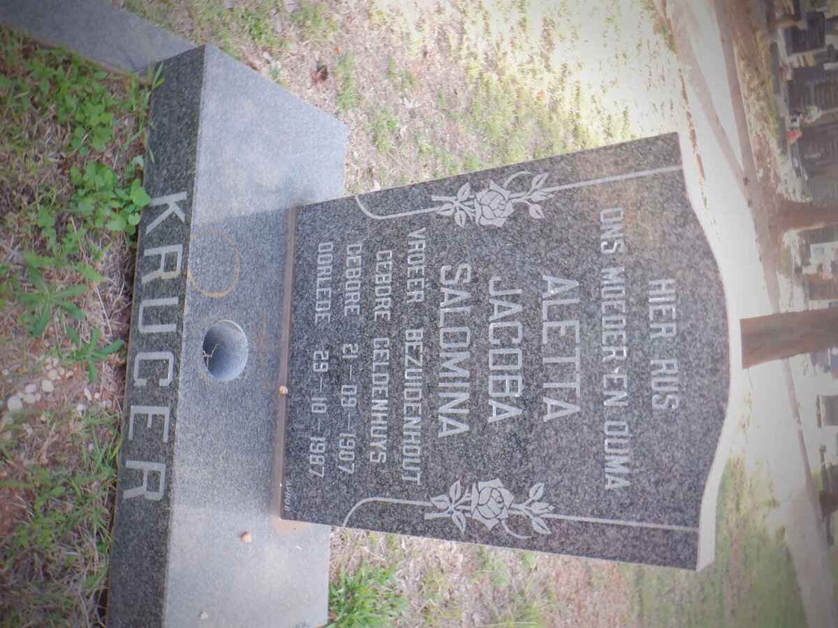 KRUGER Aletta Jacoba Salomina voorheen BEZUIDENHOUT nee GELDENHUYS 1907-1987