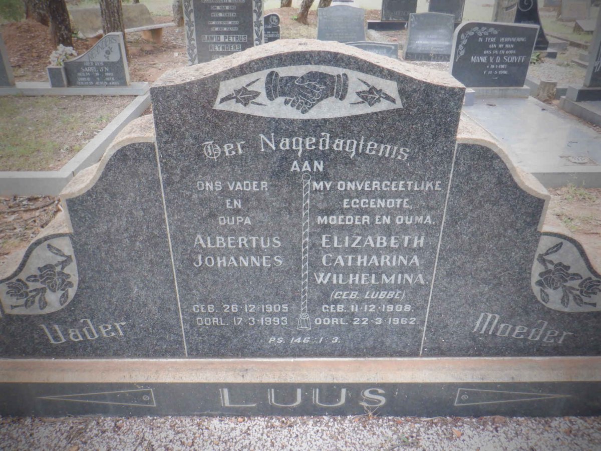 LUUS Albertus Johannes 1905-1993 &amp; Elizabeth Catharina Wilhelmina LUBBE 1908-1962