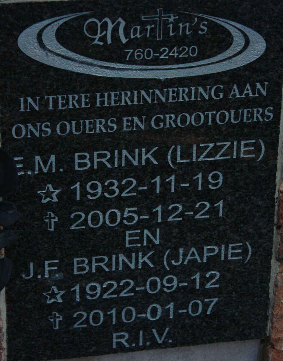 BRINK J.F. 1922-2010 &amp; E.M. 1932-2005