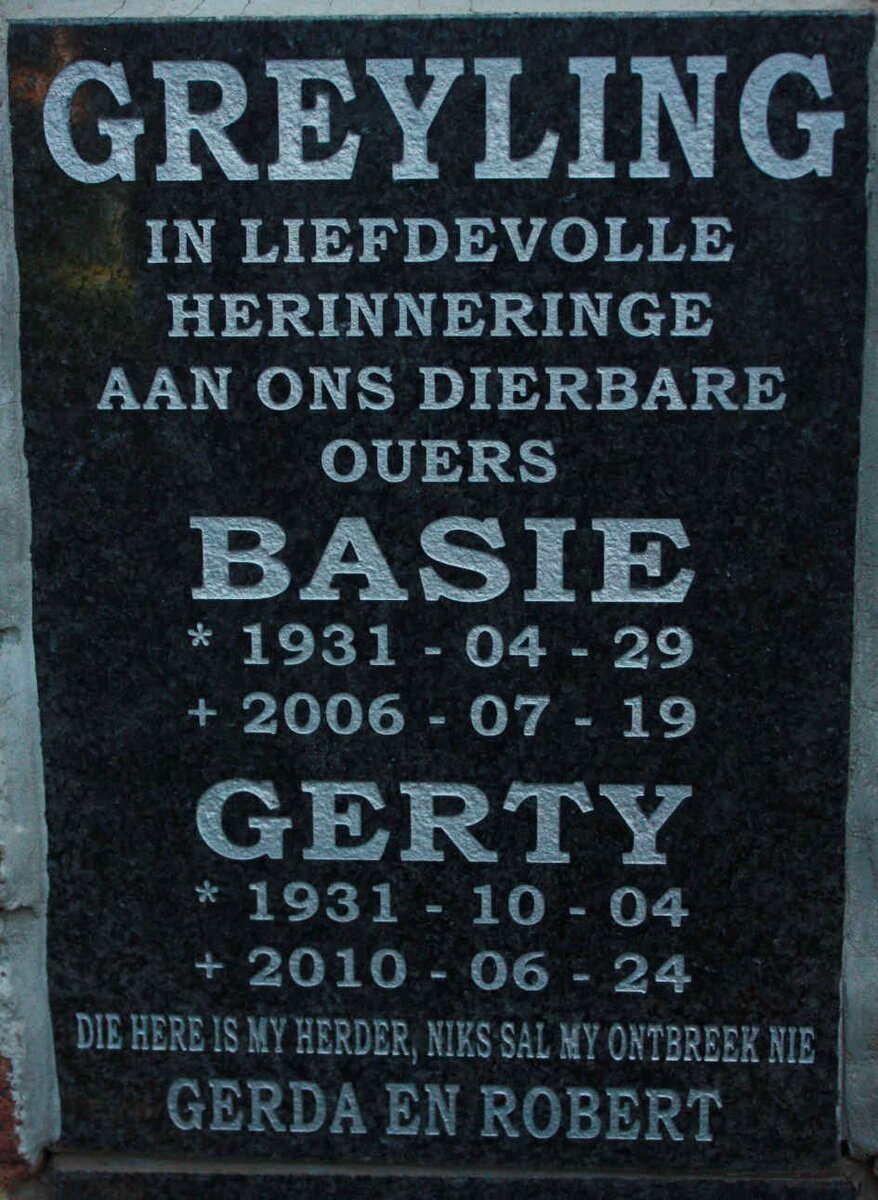 GREYLING Basie 1931-2006 &amp; Gerty 1931-2010