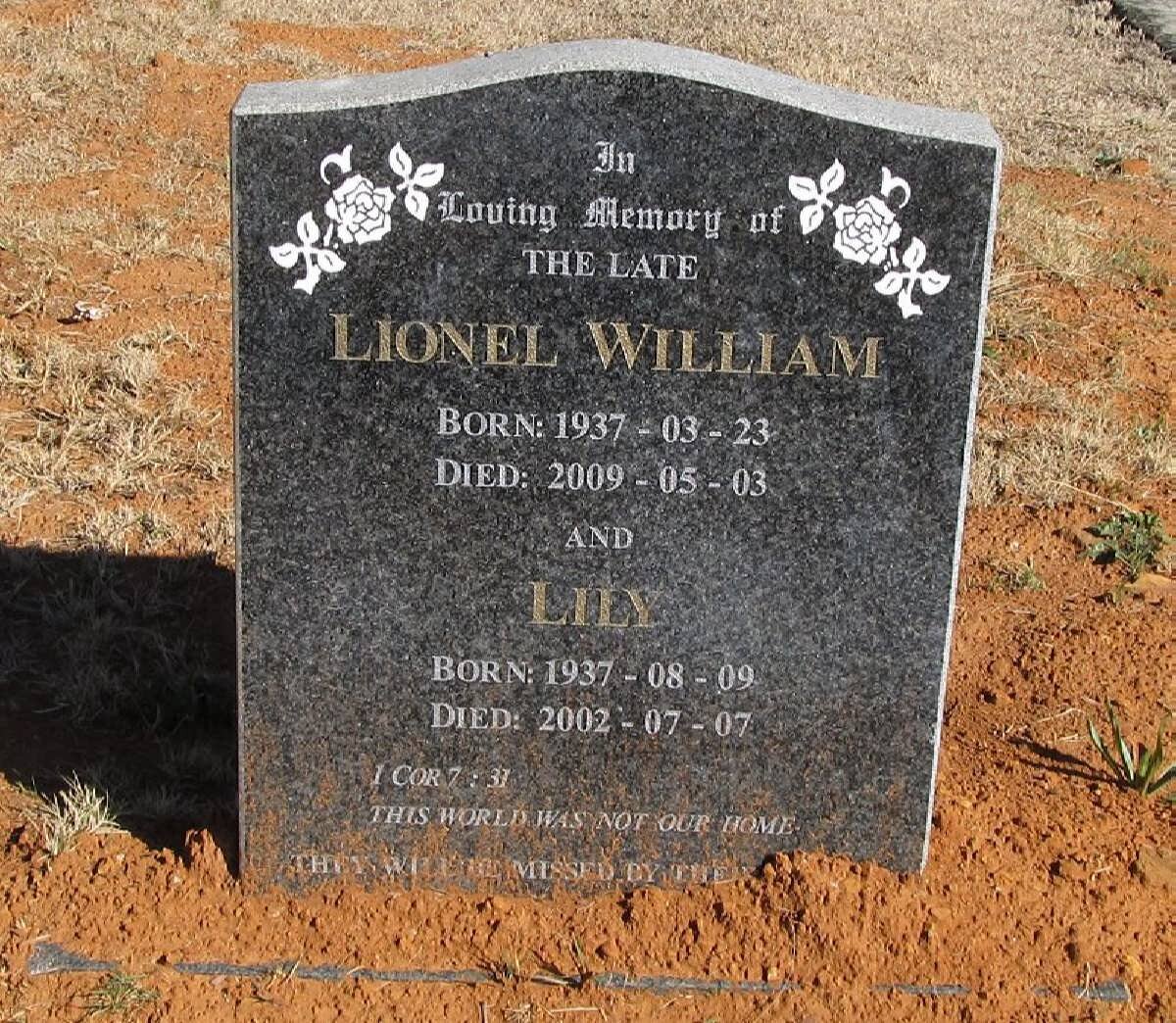 WILLIAM Lionel 1937-2009 &amp; Lily 1937-2002
