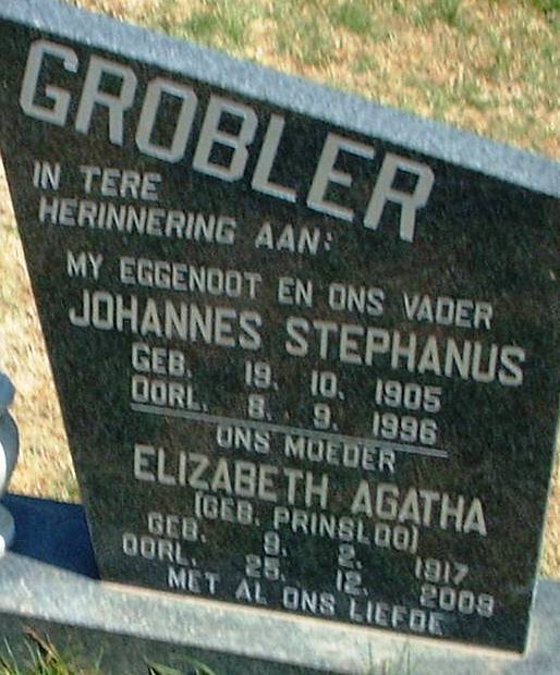 GROBLER Johannes Stephanus 1905-1996 &amp; Elizabeth Agatha PRINSLOO 1917-2008