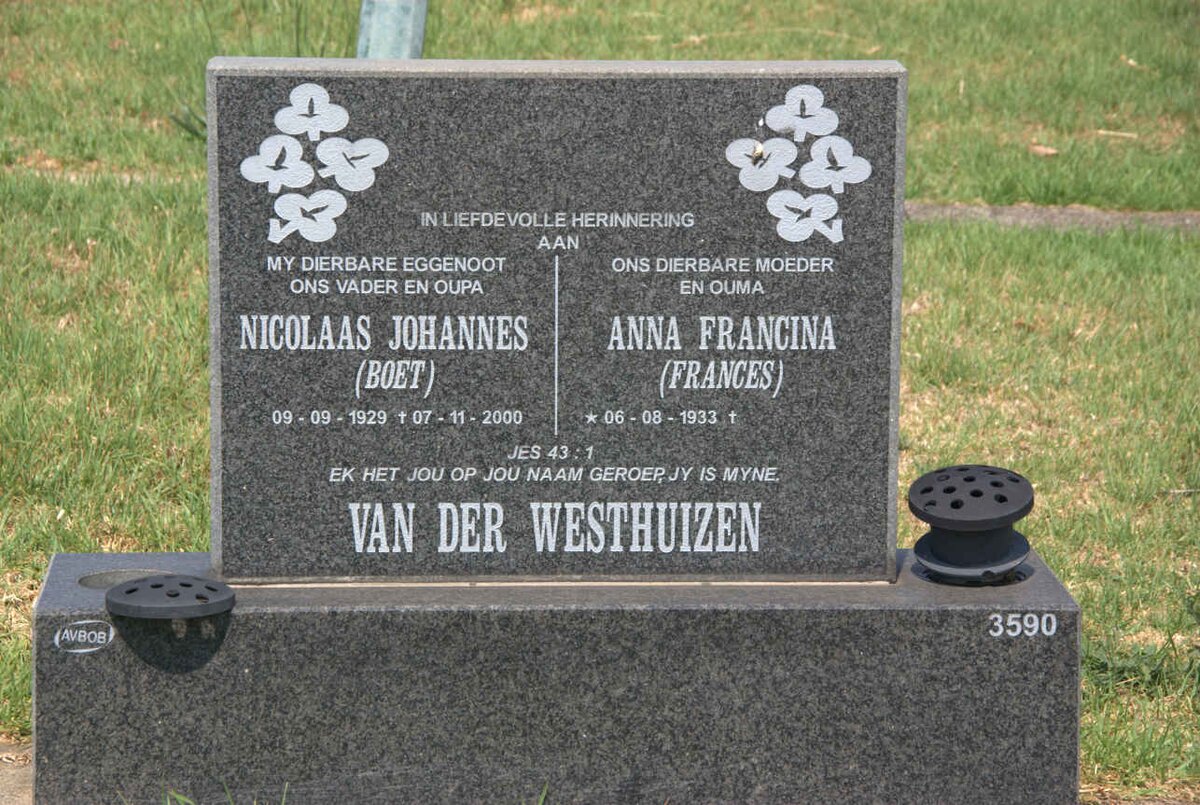WESTHUIZEN Nicolaas Johannes, van der 1929-2000 &amp; Anna Francina 1933-