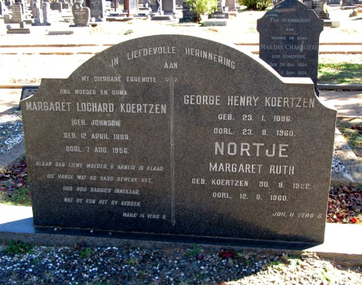 KOERTZEN George Henry 1886-1960 &amp; Margaret Lochard JOHNSON 1888-1956 :: NORTJE  Margaret Ruth nee KOERTZEN 1922-1960