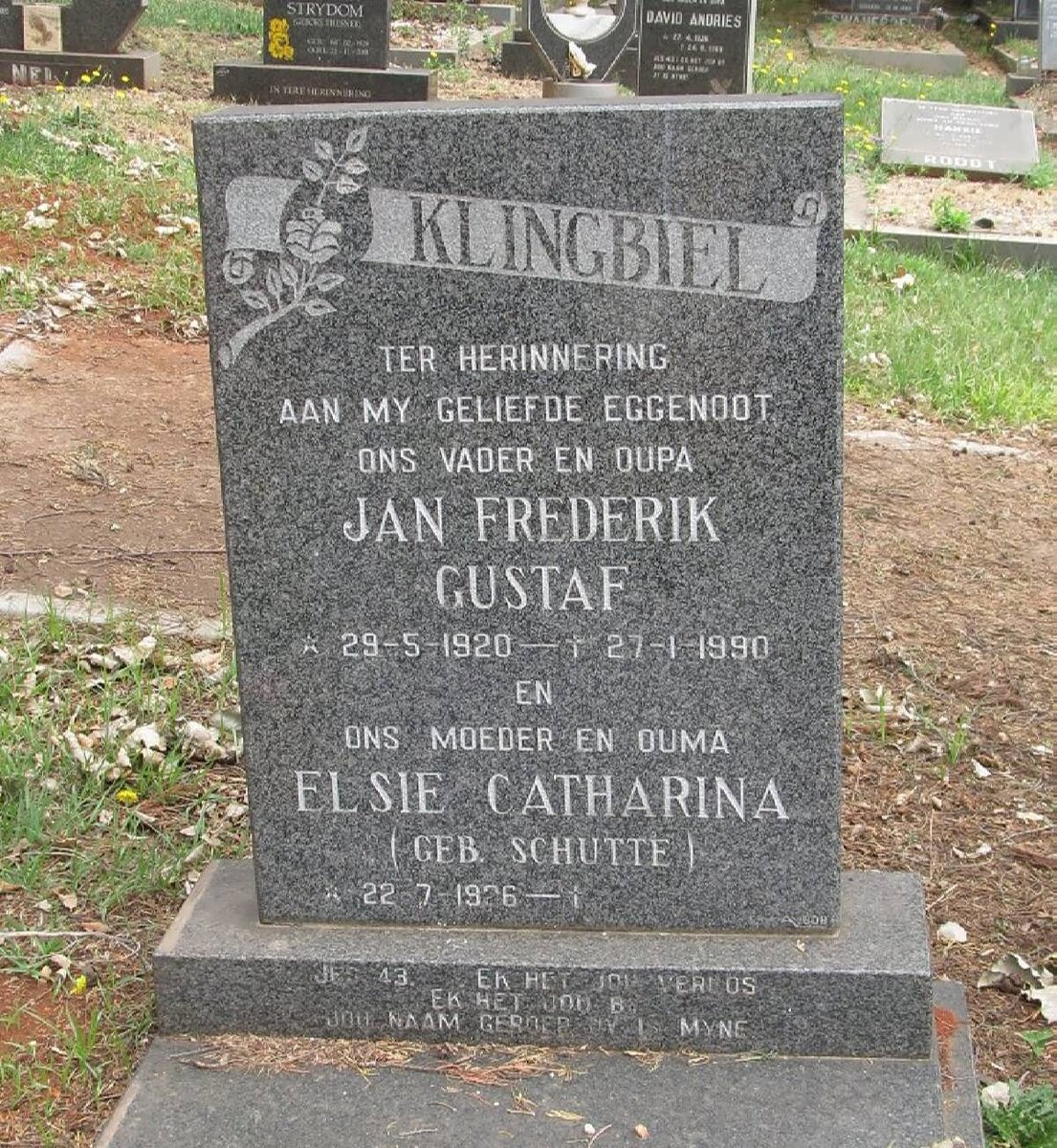 KLINGBIEL Jan Frederik Gustaf 1920-1990 &amp; Elsie Catharina SCHUTTE 1926-