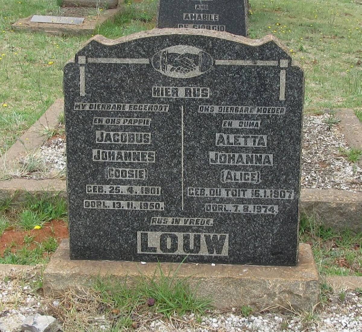 LOUW Jacobus Johannes 1901-1950 &amp; Aletta Johanna Du TOIT 1907-1974