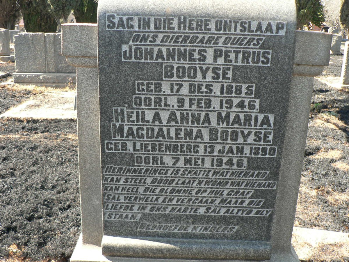 BOOYSE Johannes Petrus 1885-1946 &amp; Heila Anna Maria Magdalena LIEBENBERG 1890-1946
