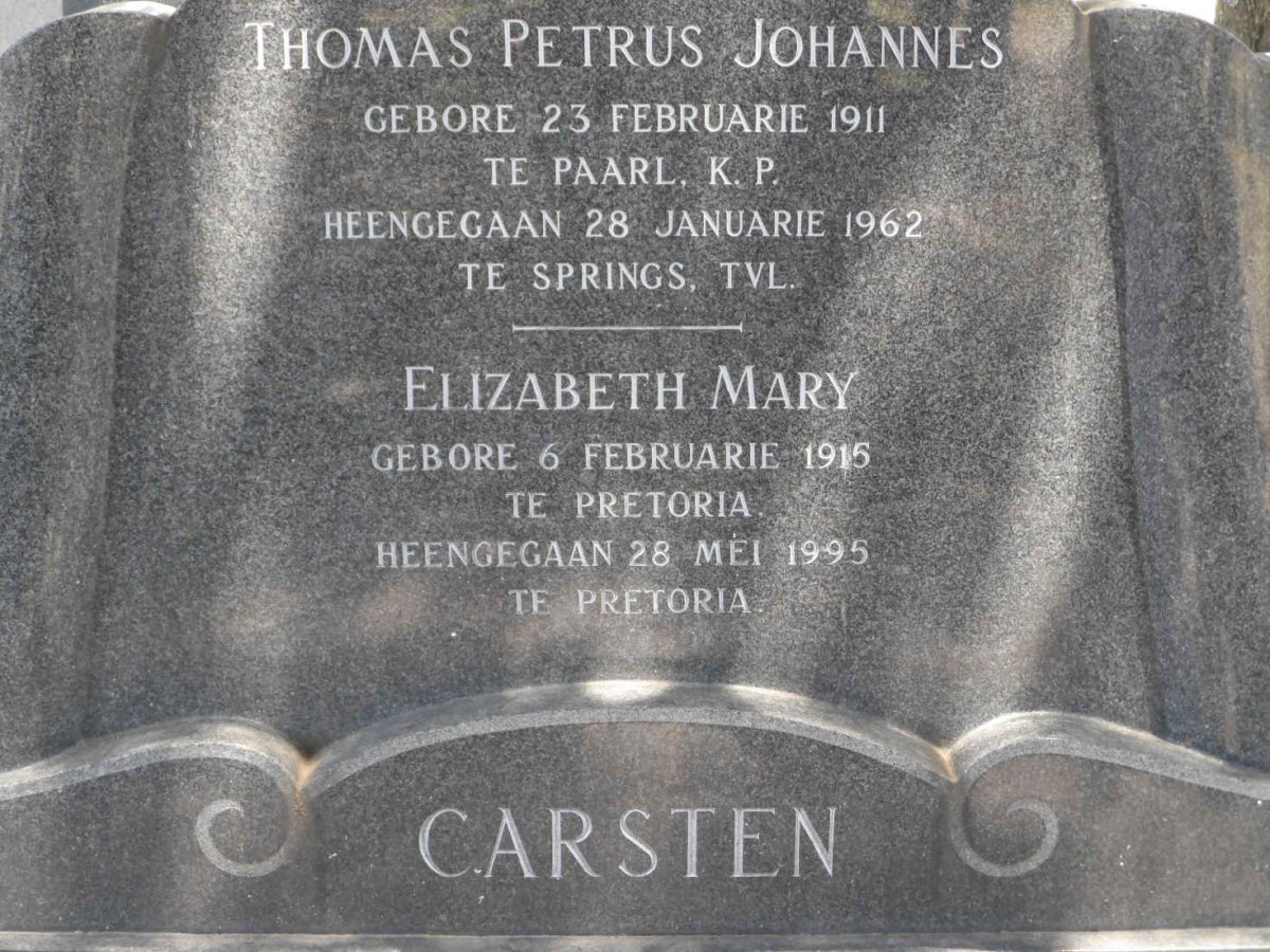 CARSTEN Thomas Petrus Johannes 1911-1962 &amp; Elizabeth Mary 1915-1995