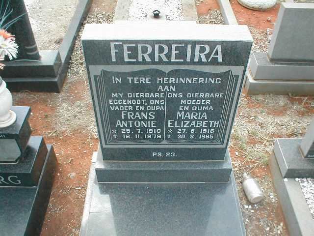 FERREIRA Frans Antonie 1910-1979 &amp; Maria Elizabeth 1916-1995