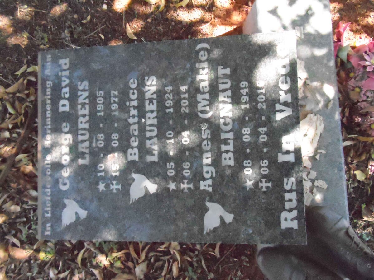 LAURENS George David 1905-1977 &amp; Beatrice 1924-2014 :: BLIGNAUT Agnes 1949-2016