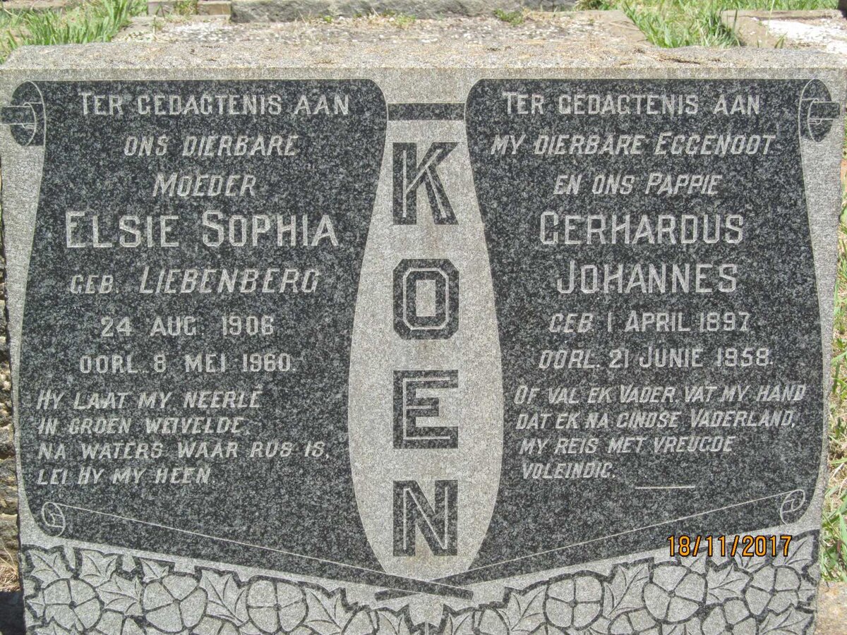 KOEN Gerhardus Johannes 1897-1958 &amp; Elsie Sophia LIEBENBERG 1906-1960