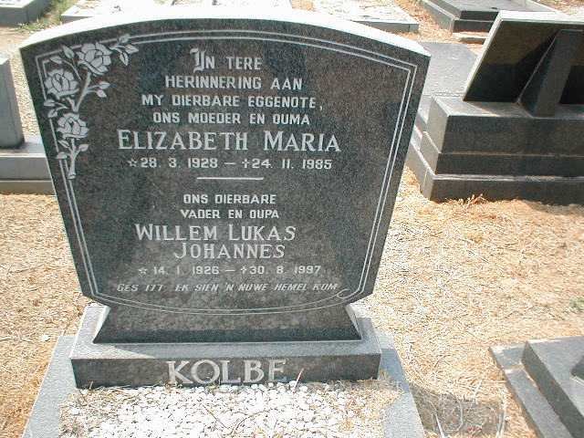 KOLBE Willem Lukas Johannes 1926-1997 &amp; Elizabeth Maria 1928-1985
