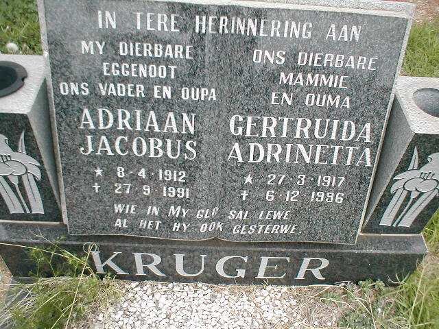 KRUGER Adriaan Jacobus 1912-1991 &amp; Gertruida Adrinetta 1917-1996