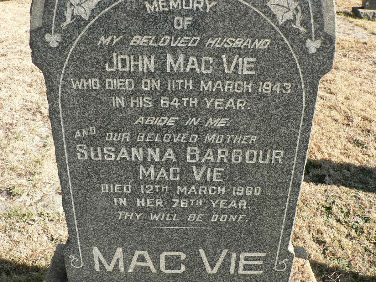 MacVIE John -1943 &amp; Susanna Barbour -1960