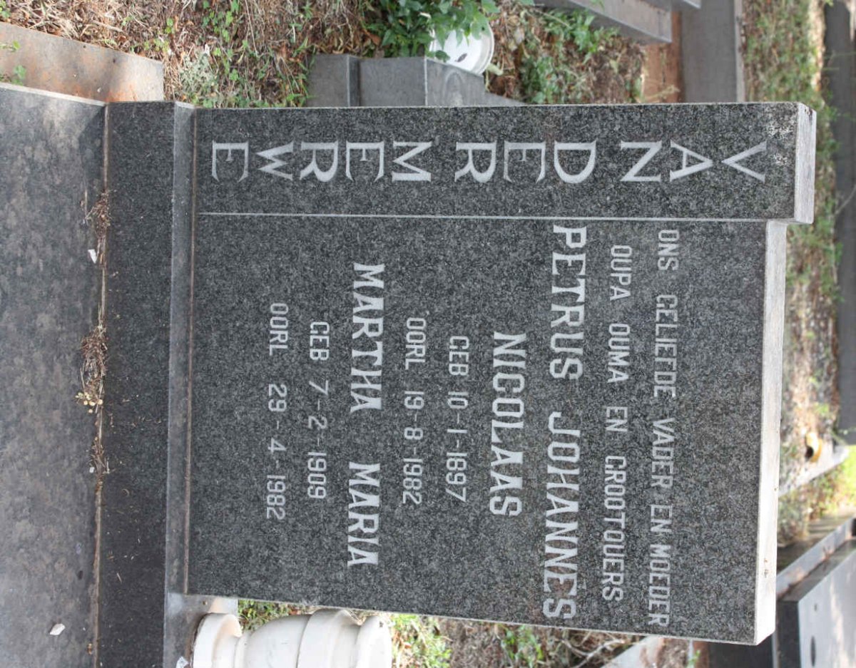 MERWE Petrus Johannes Nicolaas,van der 1897-1982 &amp; Martha Maria 1909-1982