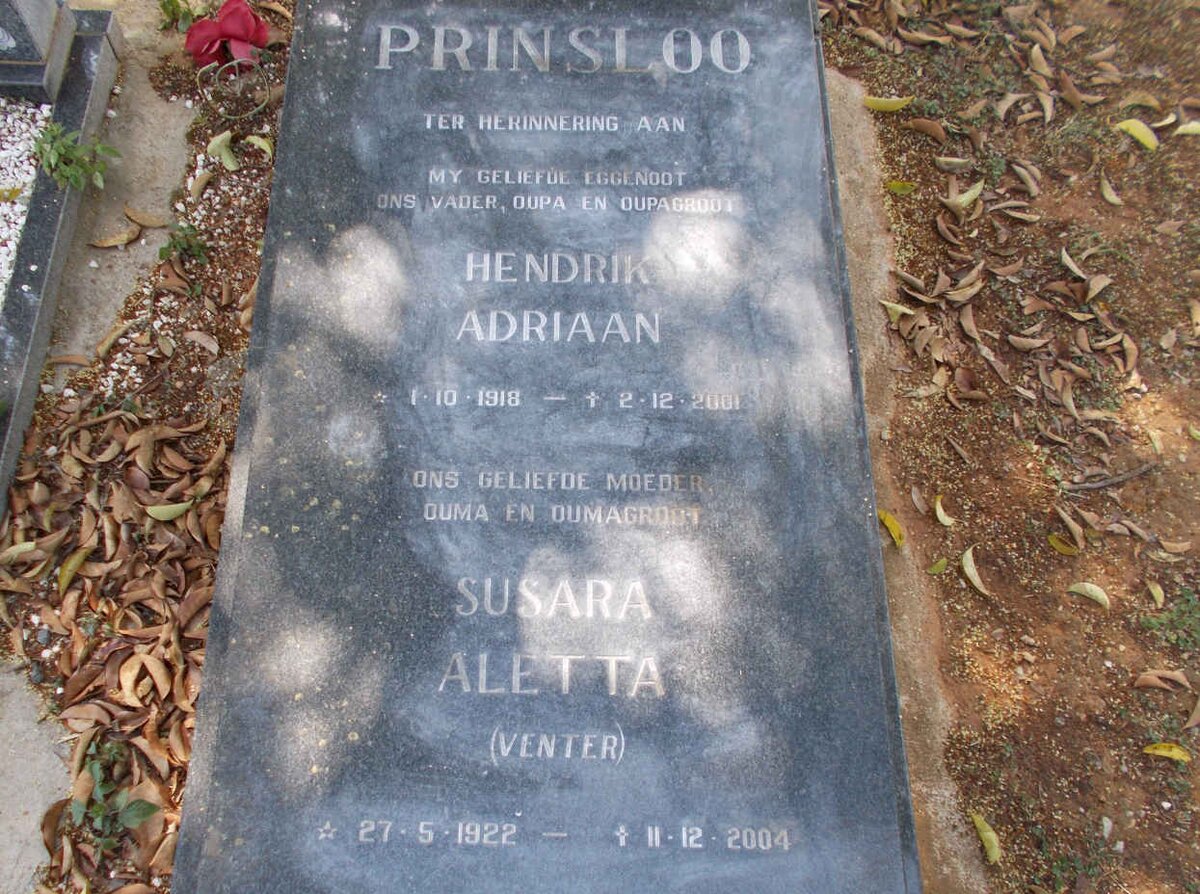 PRINSLOO Hendrik Adriaan 1918-2001 &amp; Susara Aletta VENTER 1922-2004