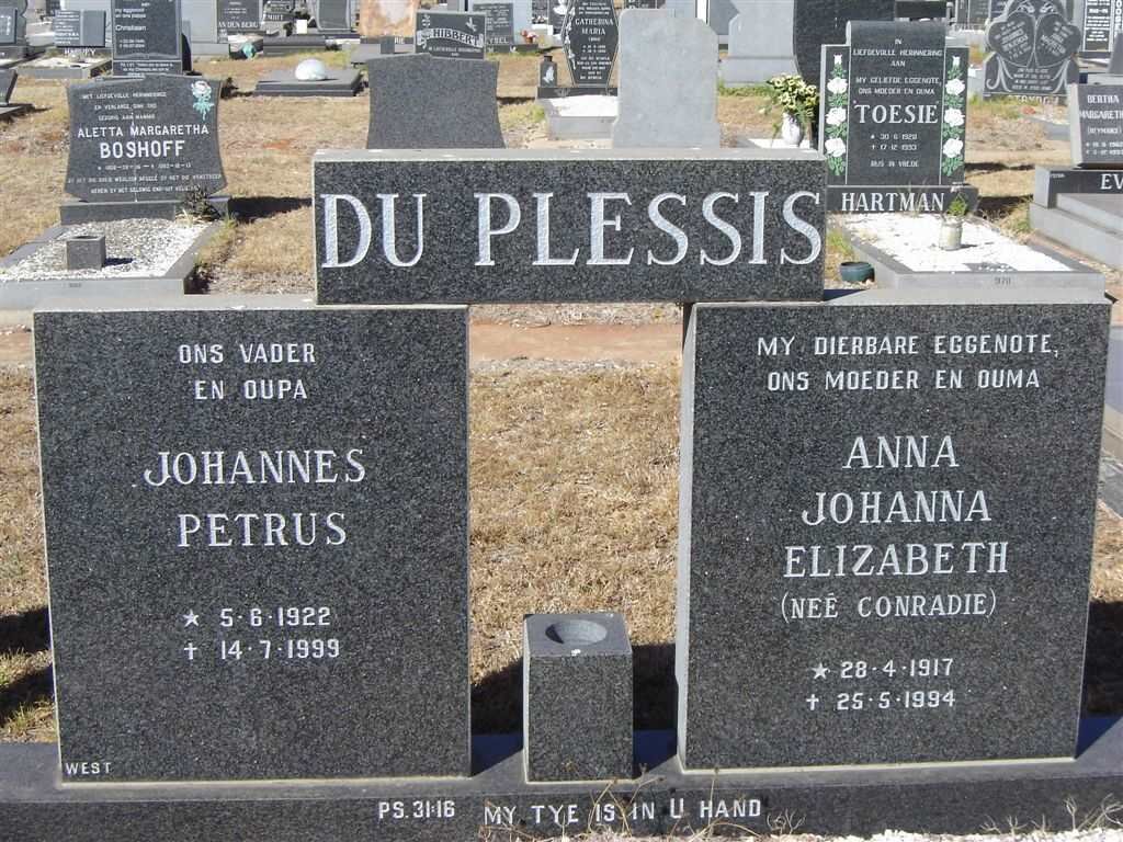 PLESSIS Johannes Petrus, du 1922-1999 &amp; Anna Johanna Elizabeth CONRADIE 1917-1994