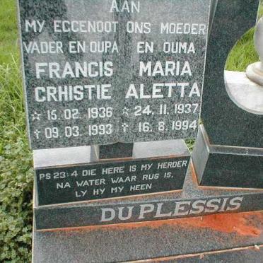 PLESSIS Francis Crhistie,du 1936-1993 &amp; Maria Aletta 1937-1994