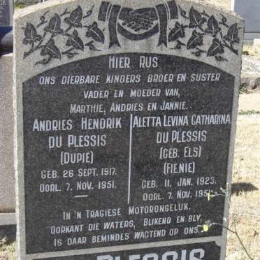 PLESSIS Andries Hendrik, du 1917-1951 &amp; Aletta Levina Catharina ELS 1923-1951