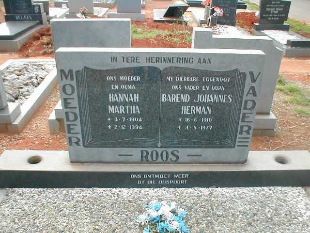ROOS Barend Johannes Herman 1910-1977 &amp; Hannah Martha 1904-1994