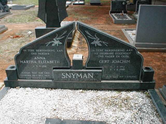SNYMAN Gert Joachim 1910-1988 &amp; Anna Martha Elizabeth 1918-