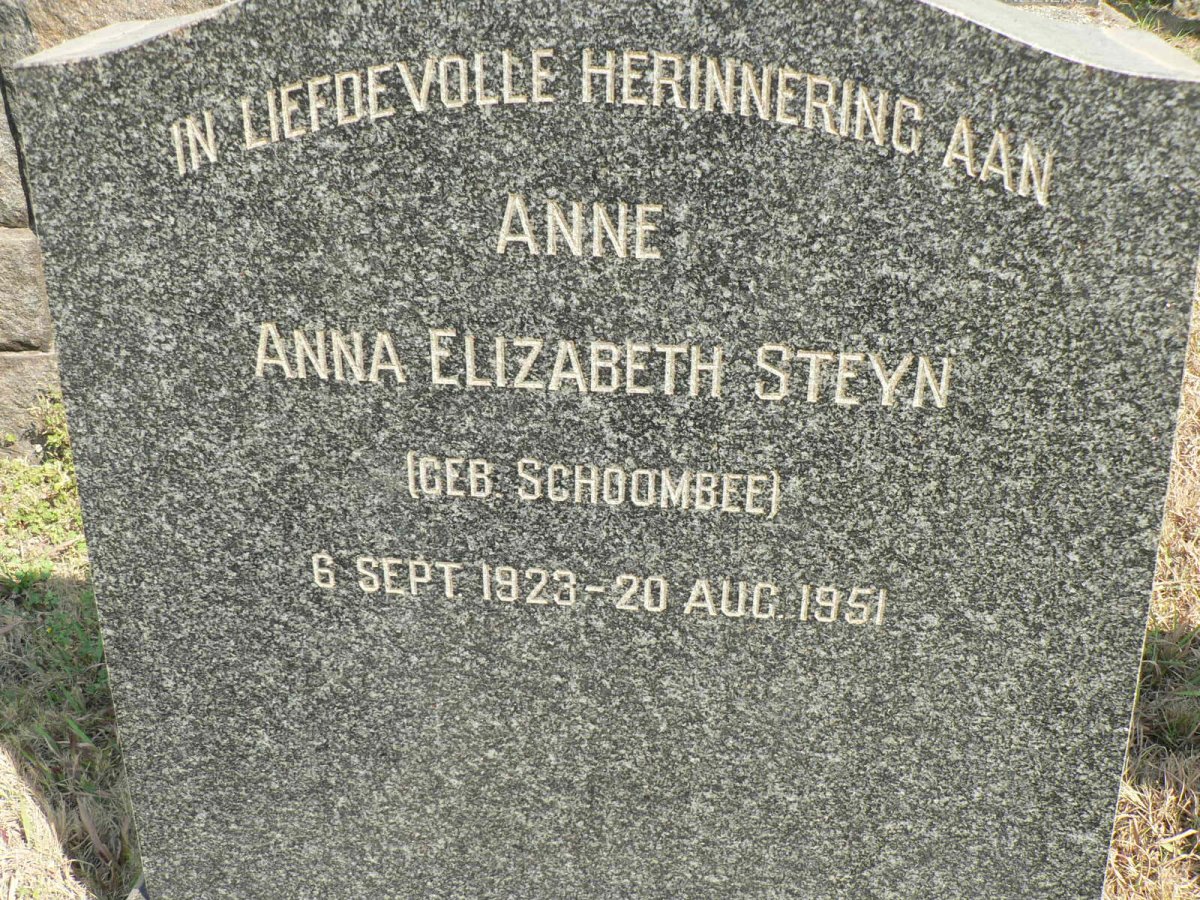 STEYN Anna Elizabeth nee SCHOOMBEE 1923-1951