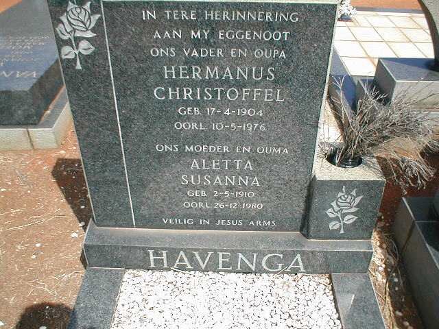 HAVENGA Hermanus Christoffel 1904-1976 &amp; Aletta Susanna 1910-1980