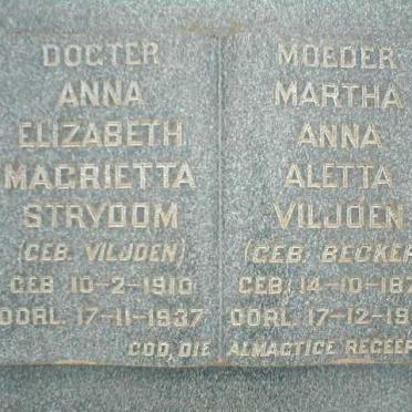 VILJOEN Martha Anna Aletta nee BECKER 1873-1954 :: STRYDOM Elizabeth Margrieta nee VILJOEN 1910-1937