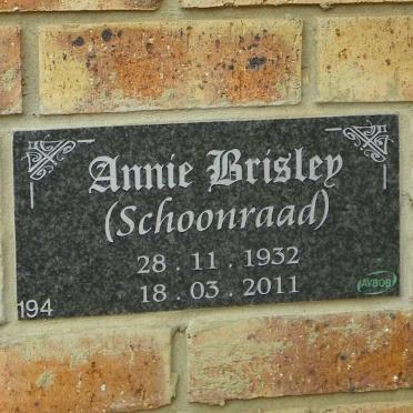 BRISLEY Annie nee SCHOONRAAD 1932-2011